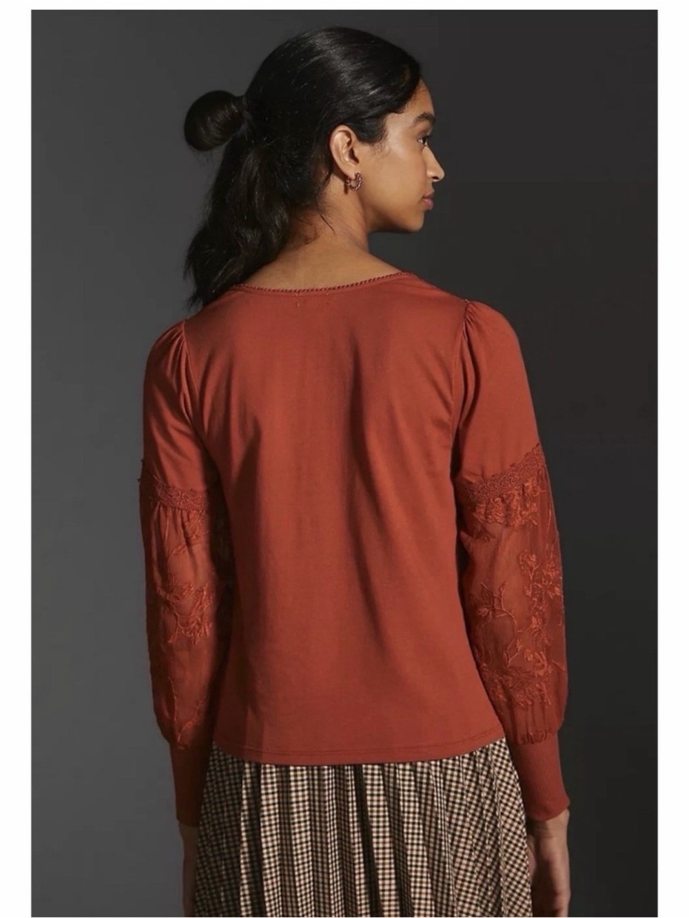 Embroidered Long-Sleeve Ribbed Cuff Top in Rust - Picture 3 of 6